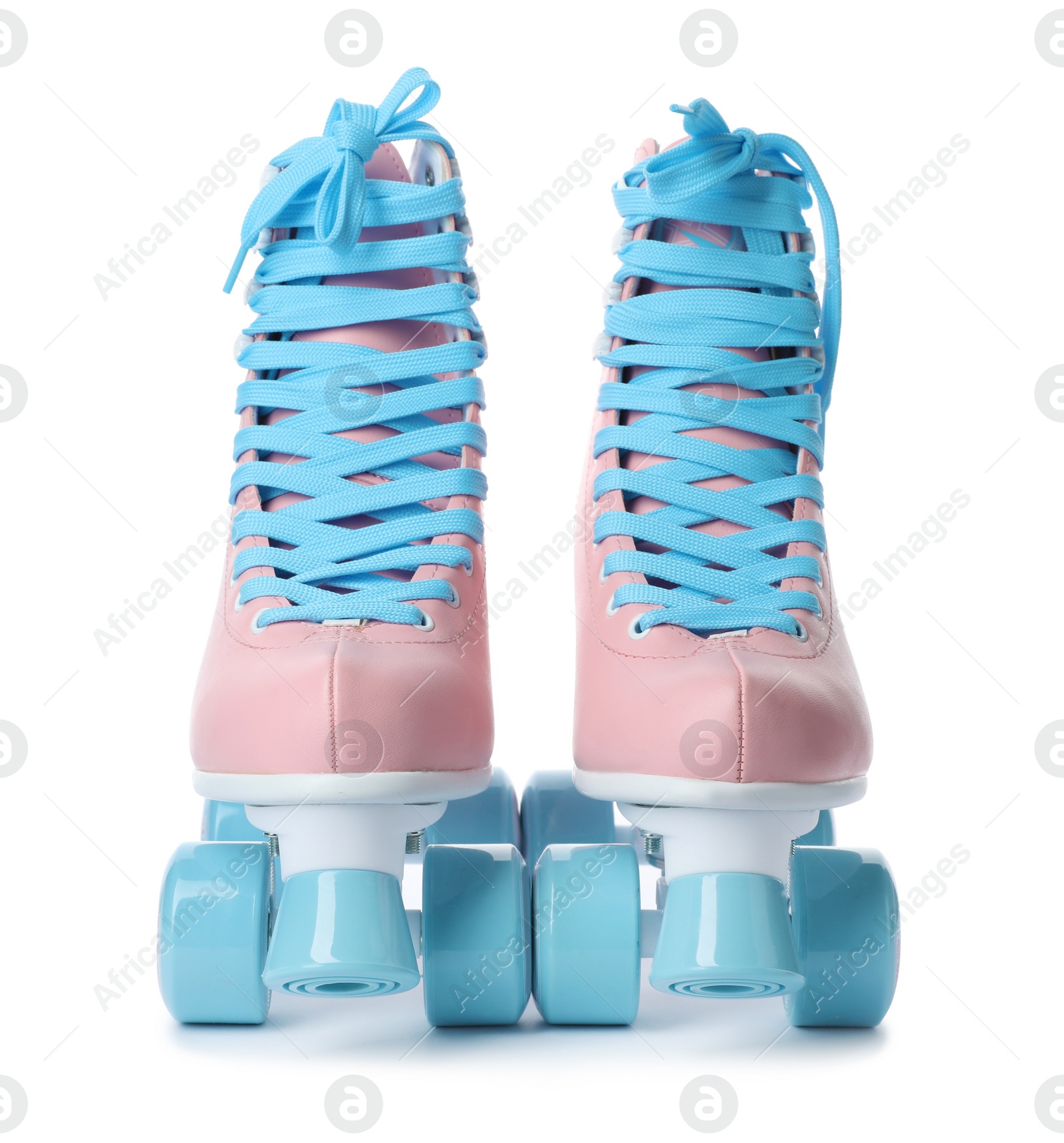 Photo of Pair of stylish quad roller skates on white background