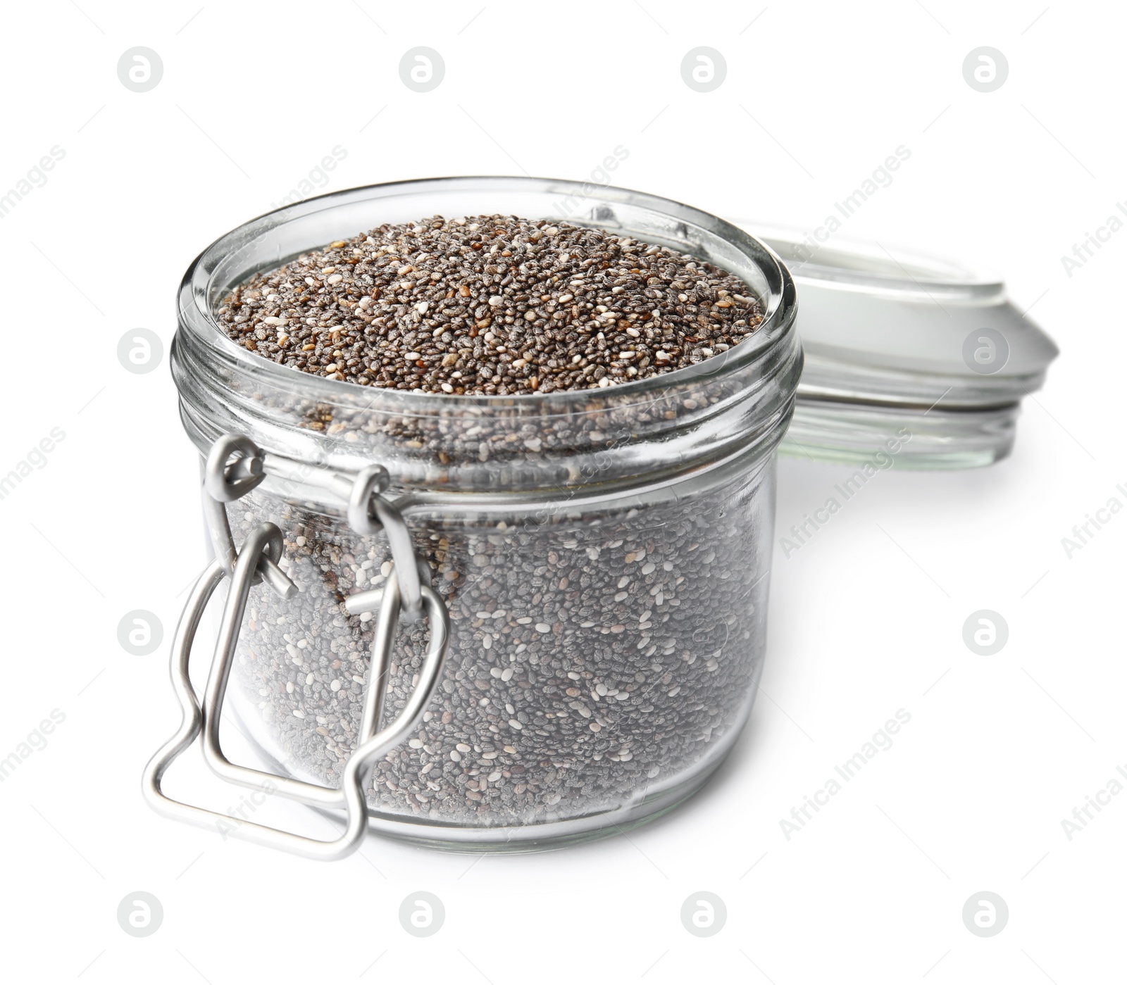 Photo of Glass jar of chia seeds isolated on white