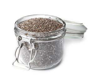 Photo of Glass jar of chia seeds isolated on white