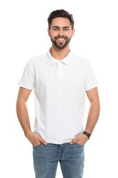 Photo of Young man in t-shirt on white background. Mock up for design