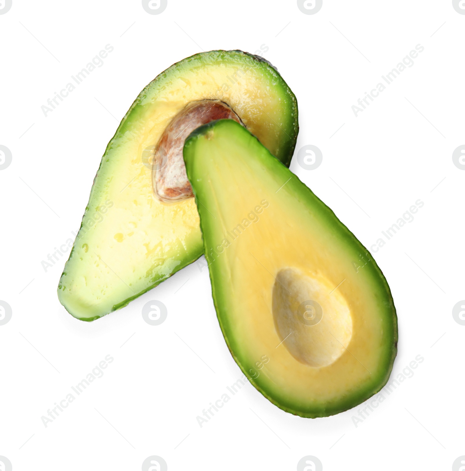 Photo of Tasty raw avocado fruit isolated on white, top view