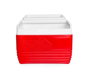Photo of Red plastic cool box isolated on white