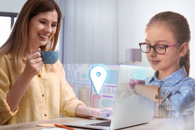 Image of Control kid's geolocation via smart watch. Mother and daughter with gadgets, creative design