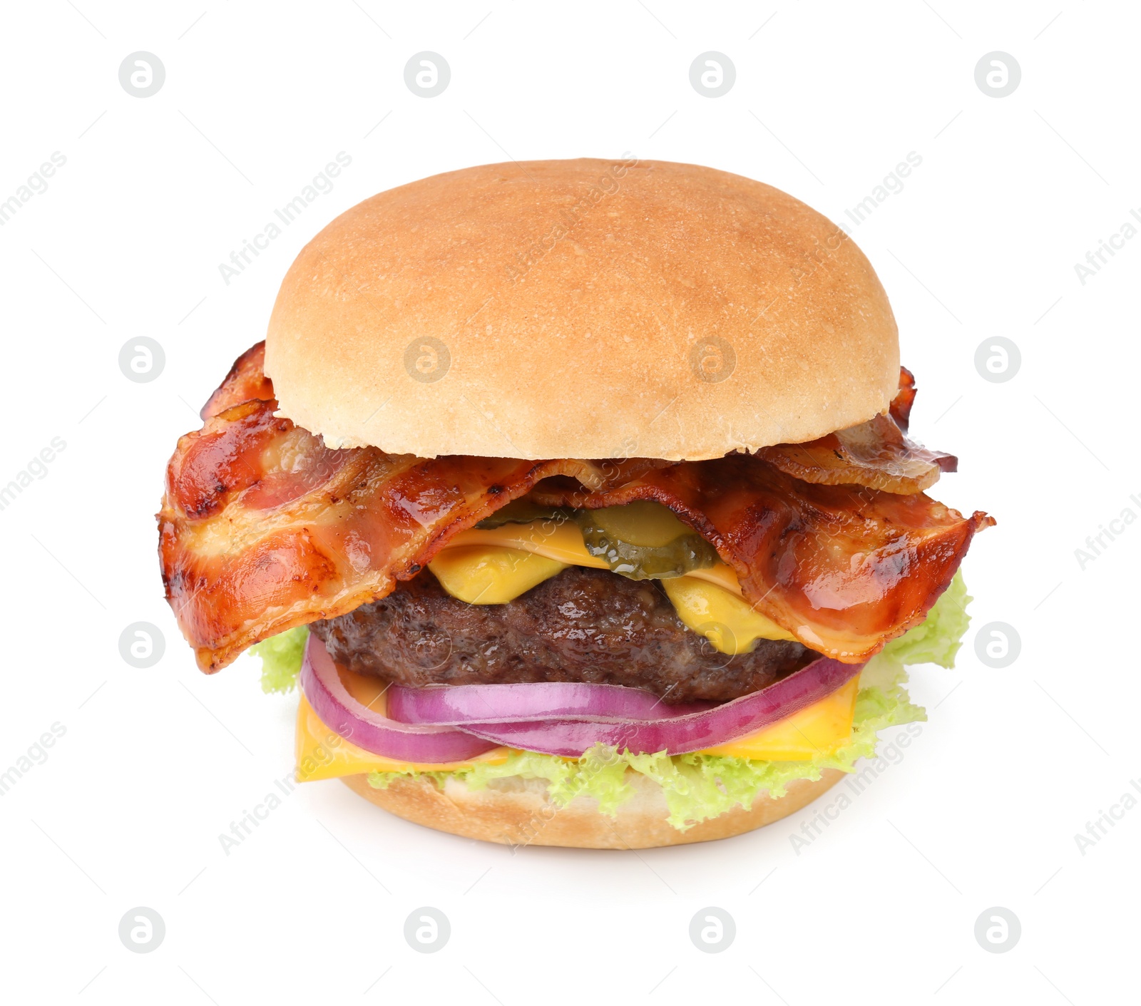 Photo of Tasty burger with bacon, vegetables and patty isolated on white