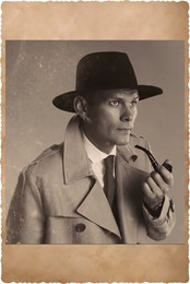 Image of Old picture of handsome man with smoking pipe. Portrait for family tree