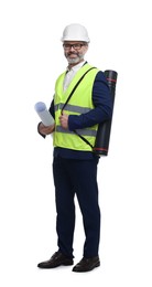 Photo of Architect in hard hat holding draft on white background