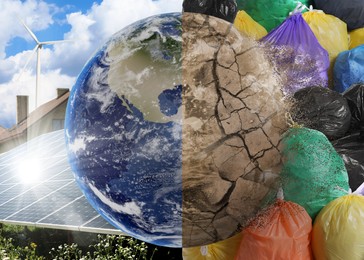 Image of Environmental pollution. Collage divided into clean and contaminated Earth. Globe with wind turbine and solar panels on one side and cracked soil with trash bags full of garbage on the other