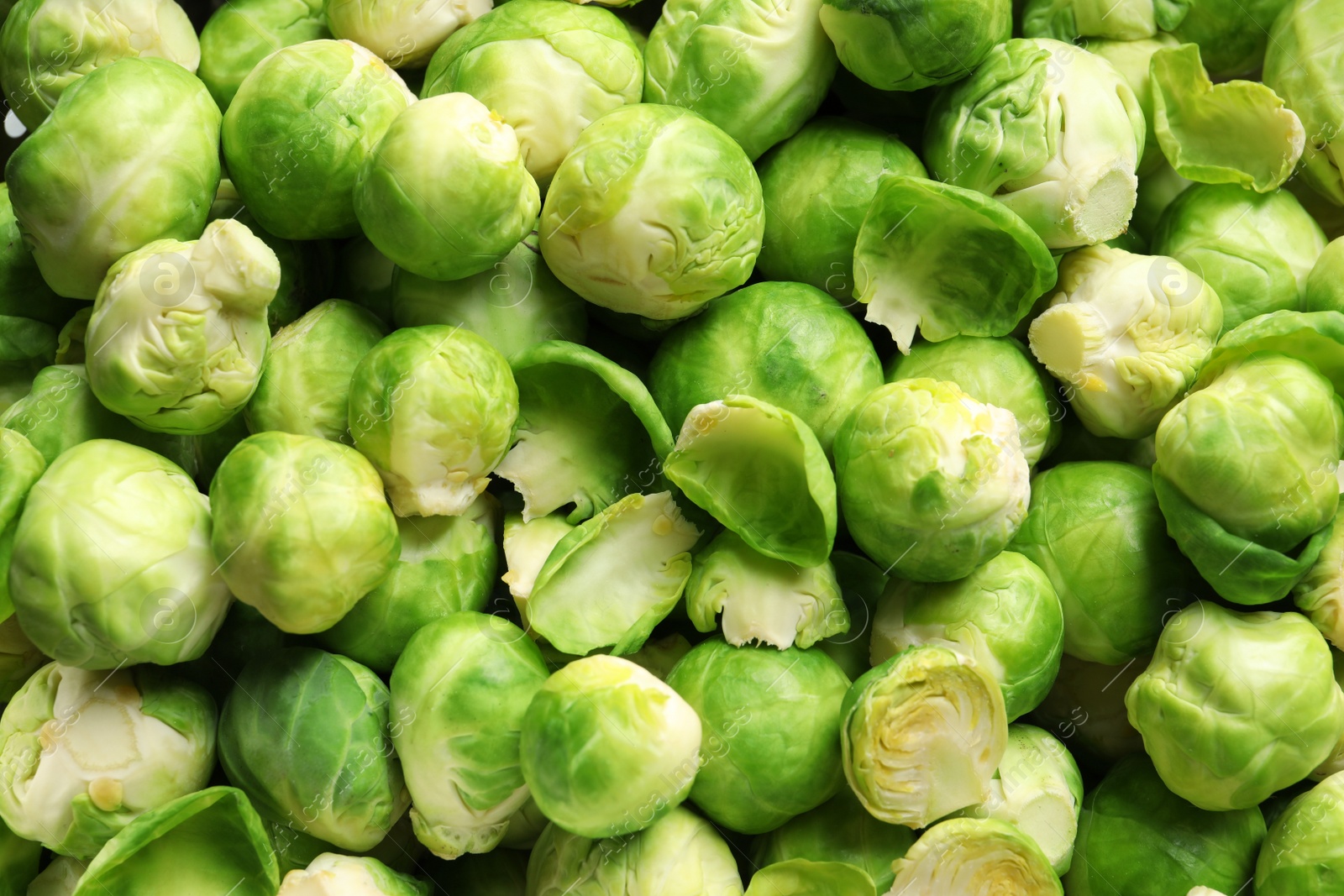 Photo of Tasty fresh Brussels sprouts as background, top view