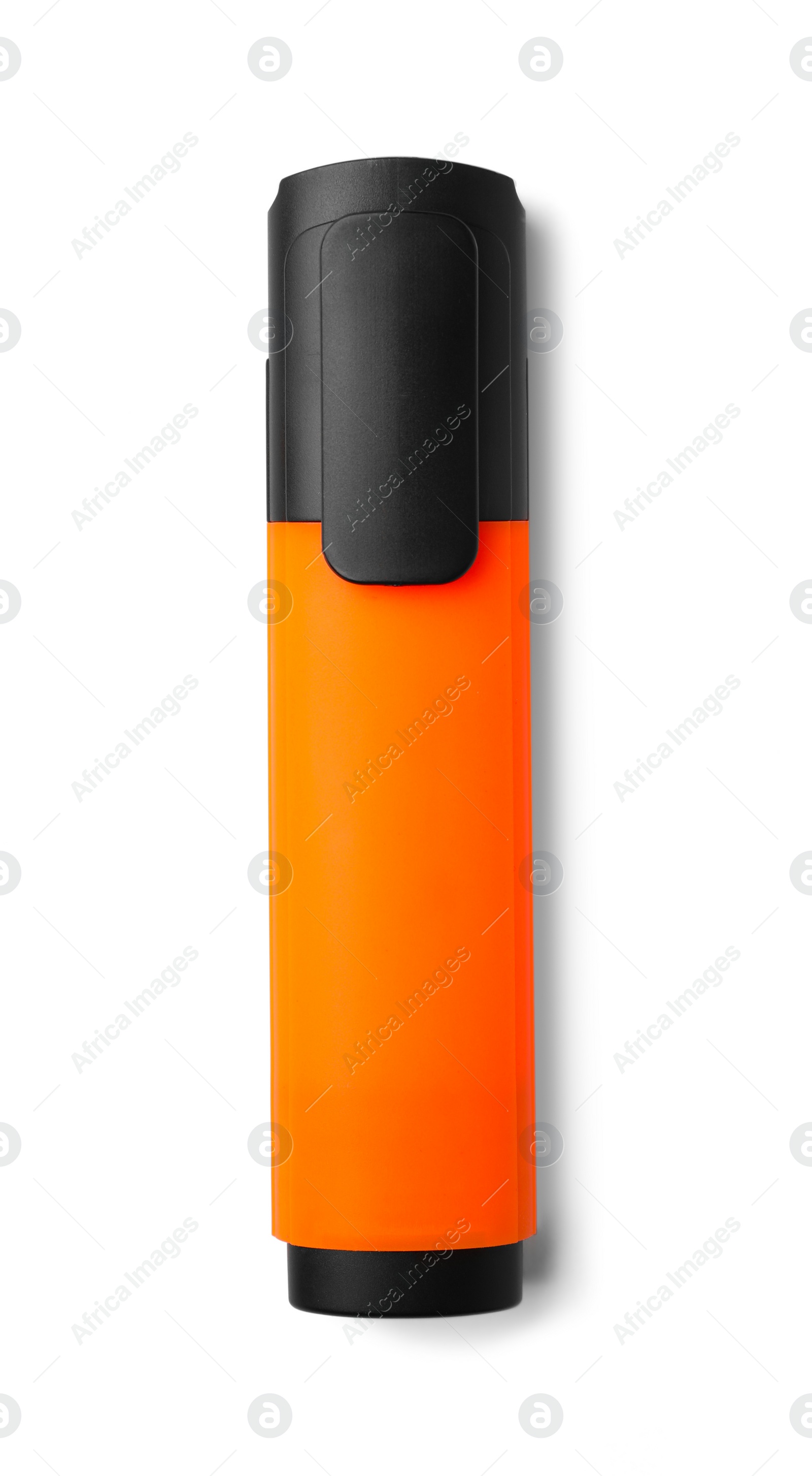 Photo of Bright orange marker isolated on white, top view
