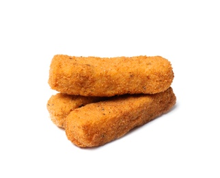 Photo of Pile of tasty cheese sticks isolated on white