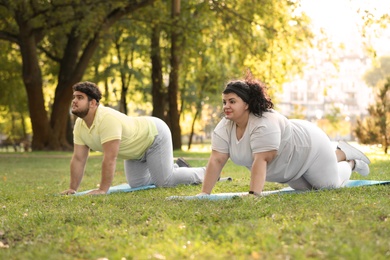 Photo of Overweight couple training together in park on sunny day