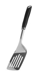 Photo of One metal spatula with black handle isolated on white