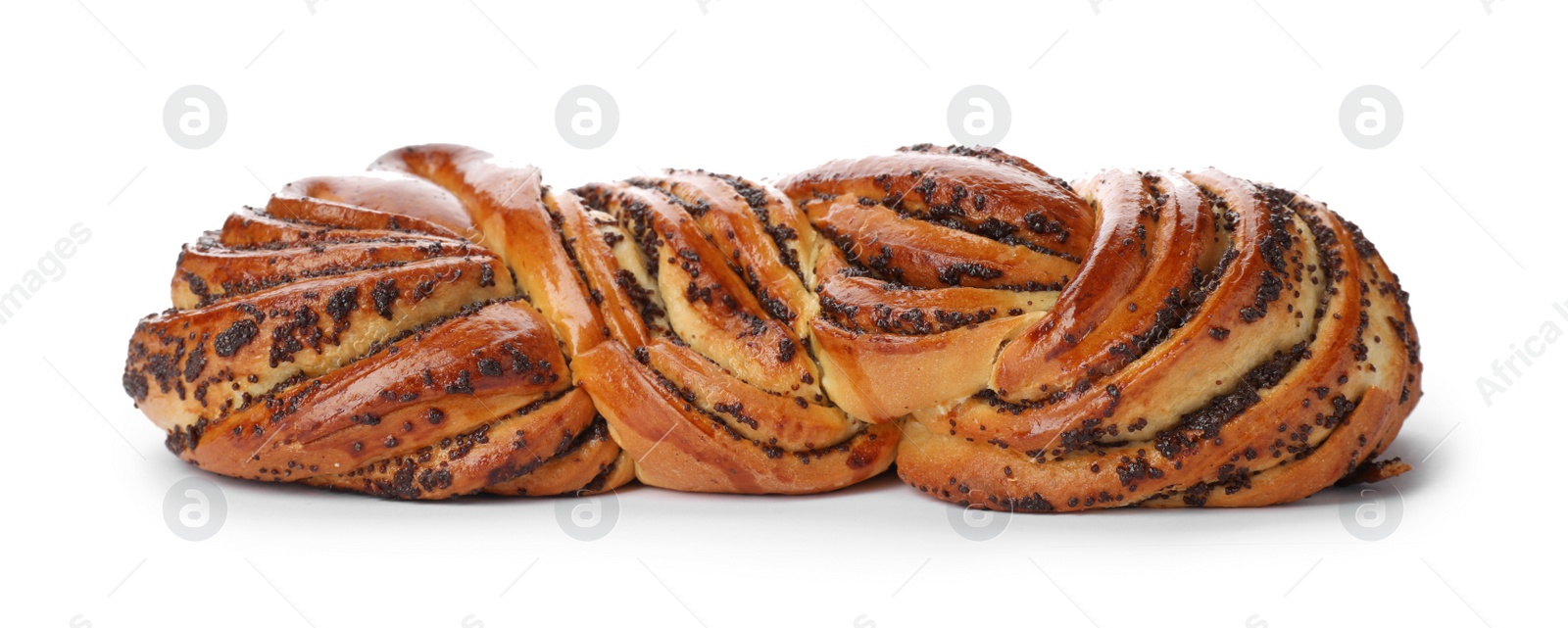 Photo of Tasty sweet bun with poppy seeds on white background