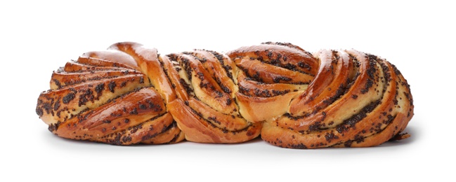 Photo of Tasty sweet bun with poppy seeds on white background