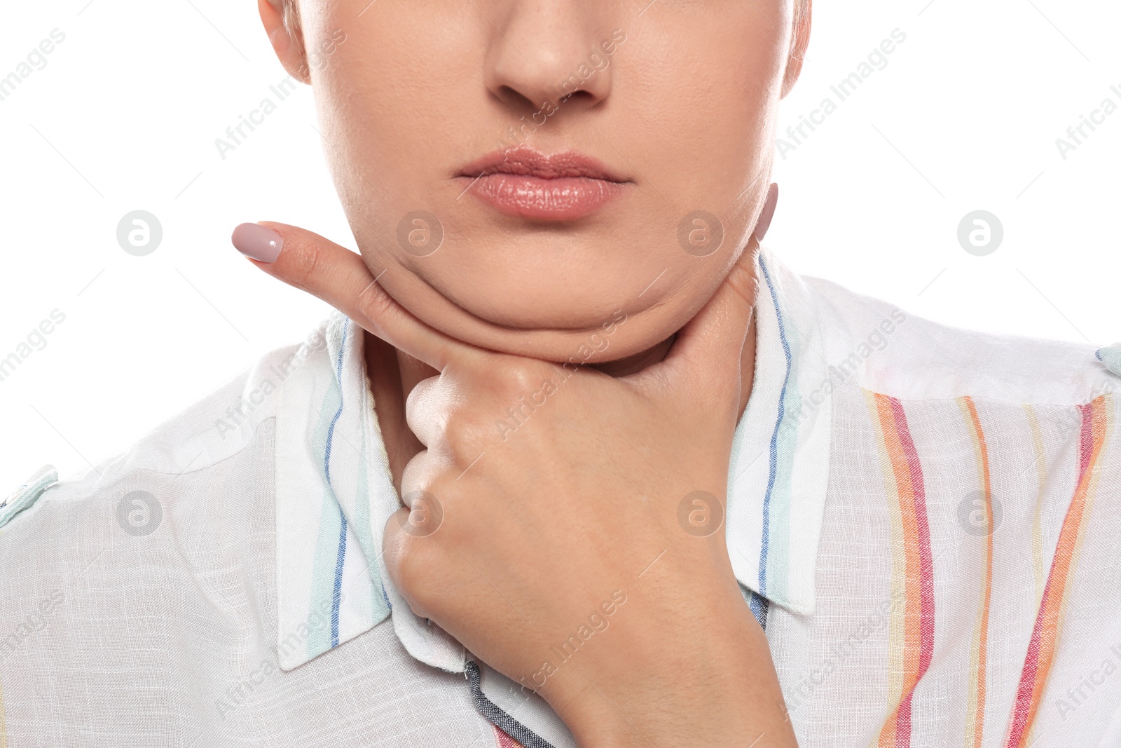 Photo of Young woman with double chin on white background, closeup