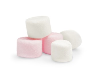 Photo of Pile of delicious sweet marshmallows on white background