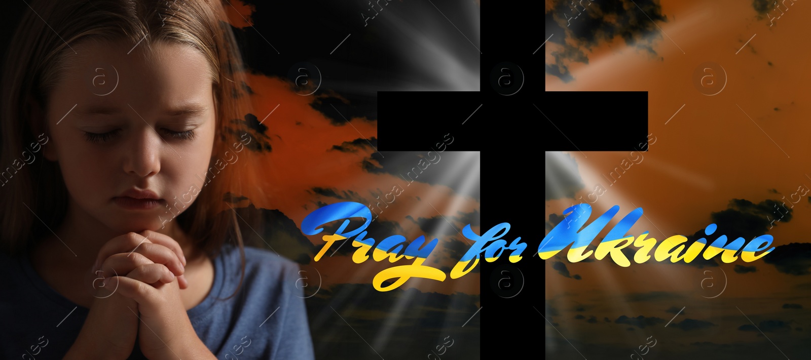 Image of Pray for Ukraine. Phrase in colors of Ukrainian flag, cross and little girl against toned sky, banner design