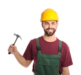 Portrait of construction worker with hammer on white background. Professional tools