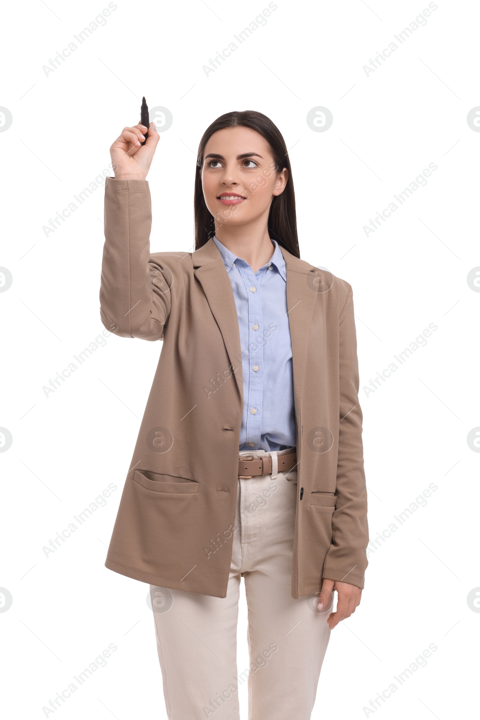 Photo of Beautiful happy businesswoman with marker on white background