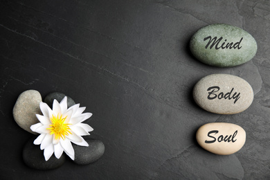 Photo of Lotus flower, stones with words Mind, Body, Soul and space for text on black background, flat lay. Zen lifestyle
