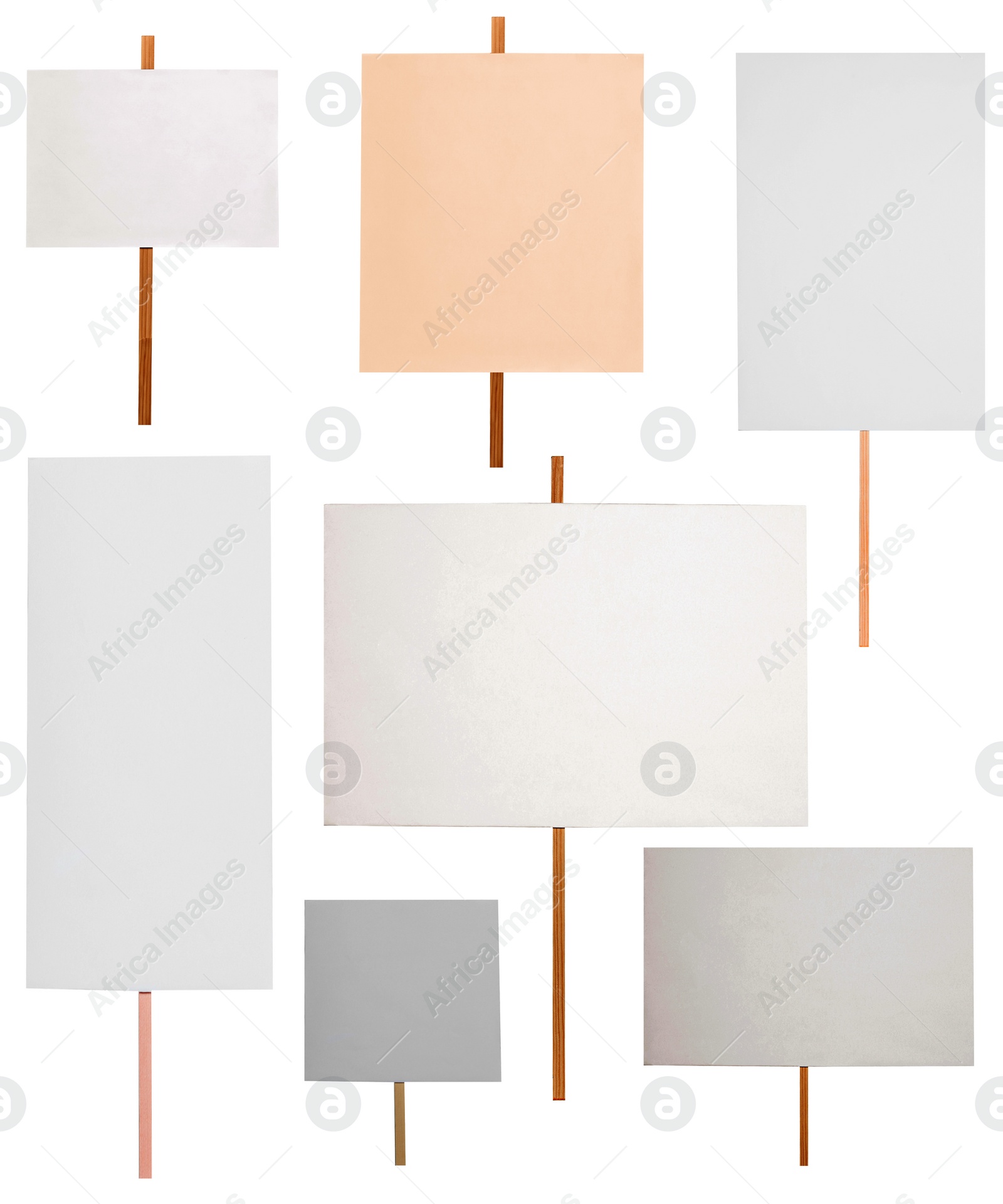 Image of Set with different blank protest signs on white background