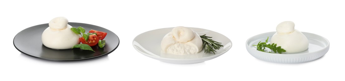 Image of Set with fresh delicious burrata cheese on white background. Banner design