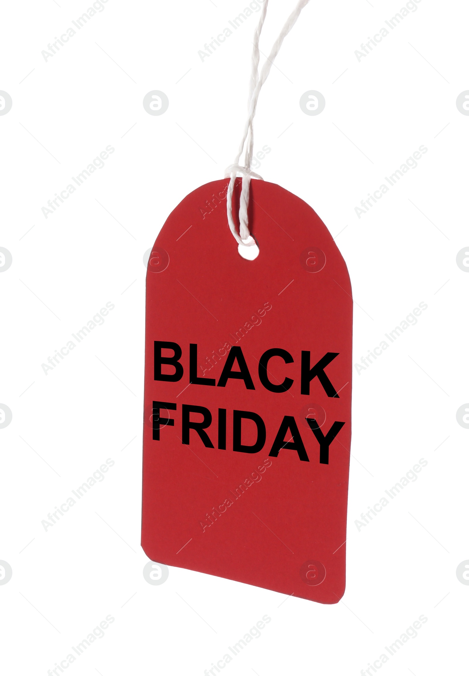 Photo of Blank red tag hanging on white background. Black Friday concept