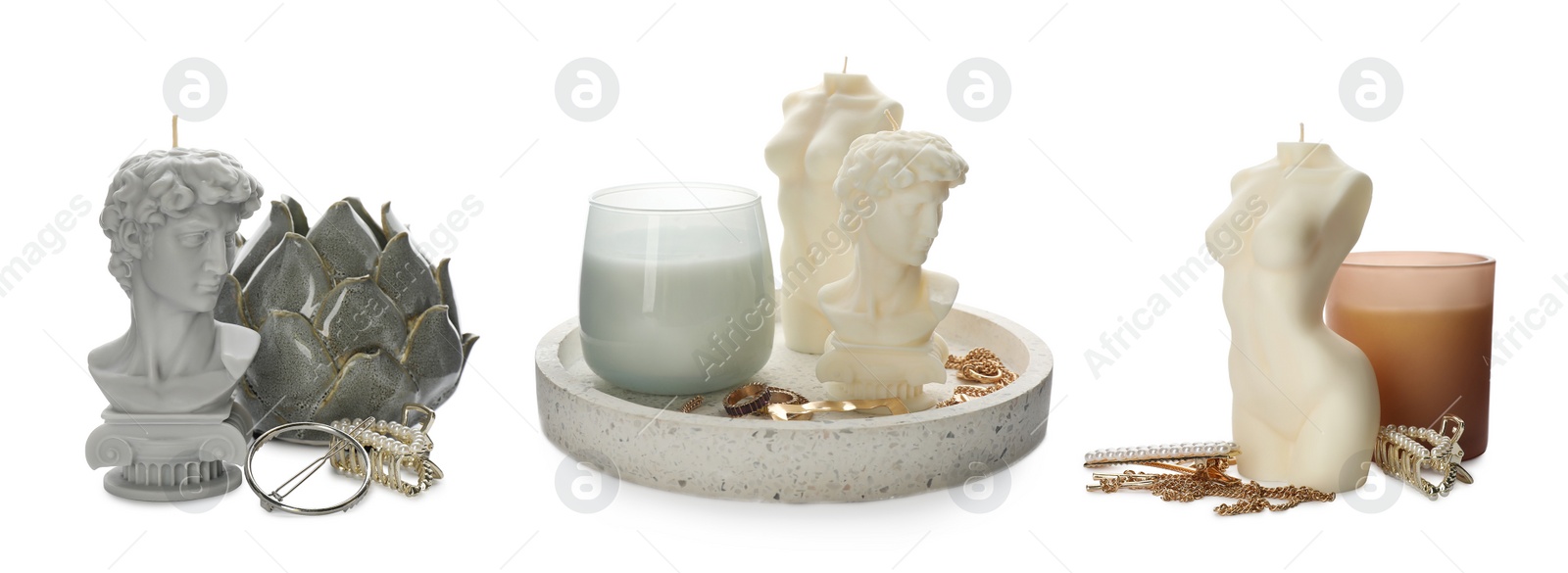 Image of Collection of beautiful sculptural candles on white background. Banner design
