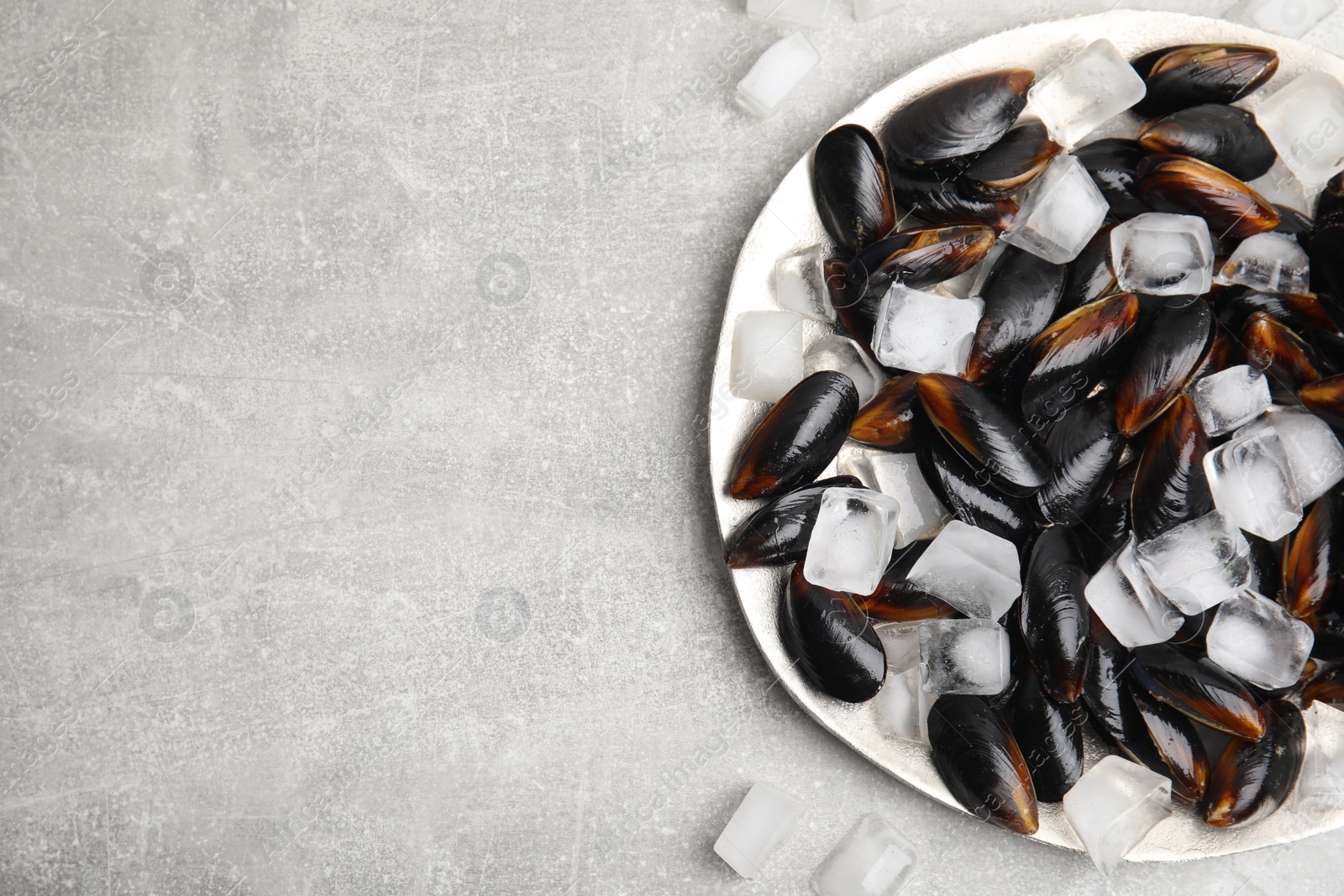 Photo of Plate with raw mussels and ice on light table, flat lay. Space for text