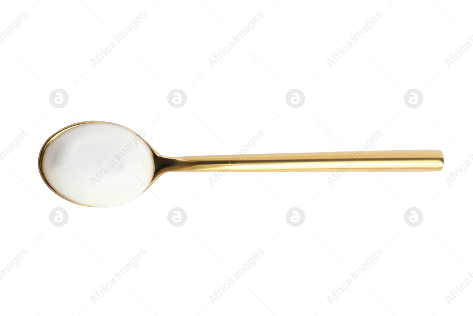 Photo of Spoon with tasty organic yogurt isolated on white, top view