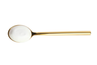 Photo of Spoon with tasty organic yogurt isolated on white, top view