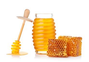 Photo of Composition with fresh honey on white background