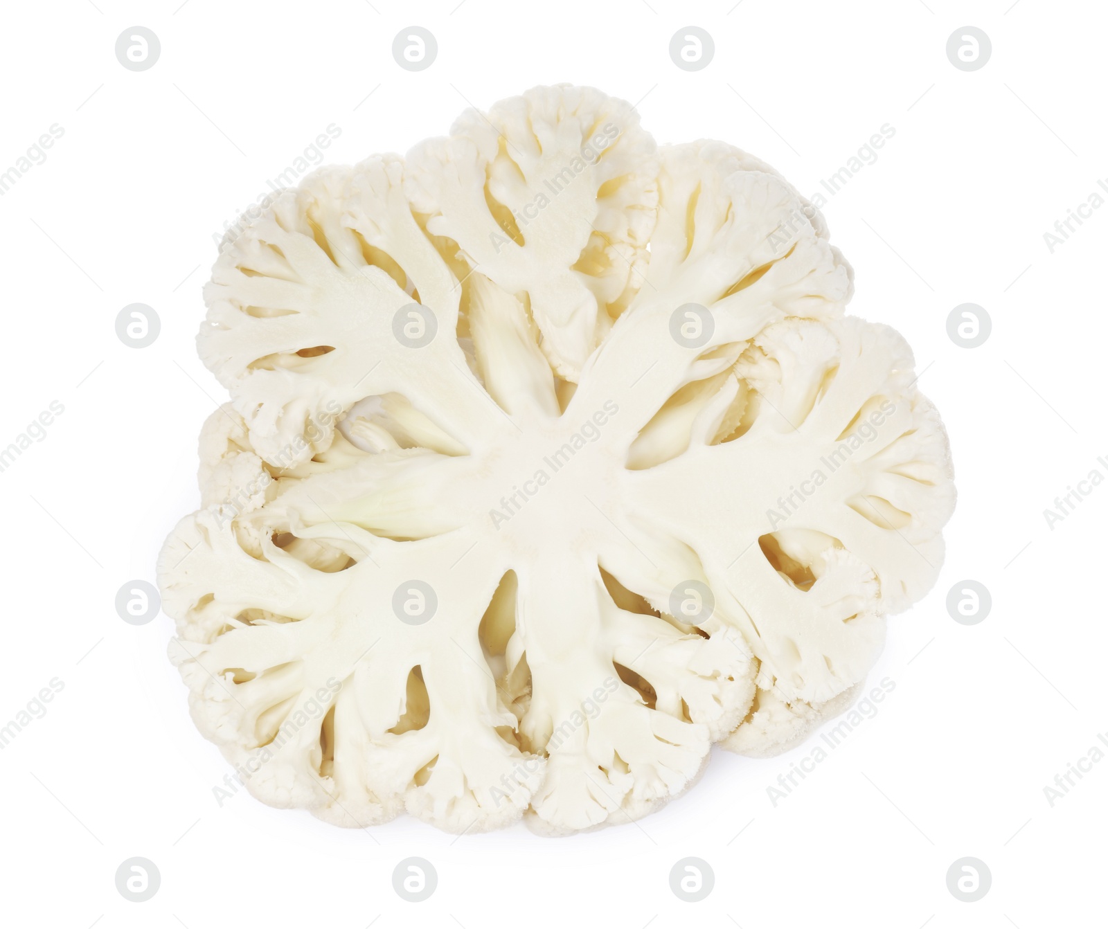 Photo of Cut cauliflower cabbage on white background, top view