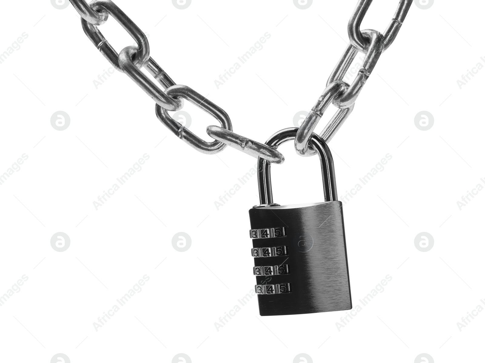 Photo of Steel combination padlock and chain isolated on white