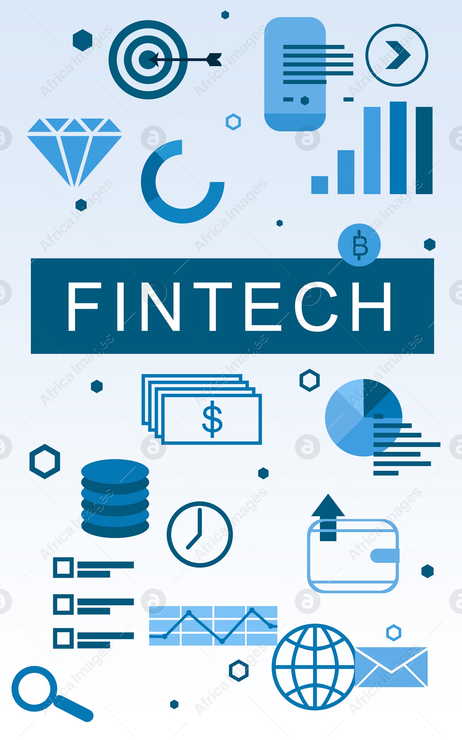 Illustration of Fintech concept.  different icons on light background