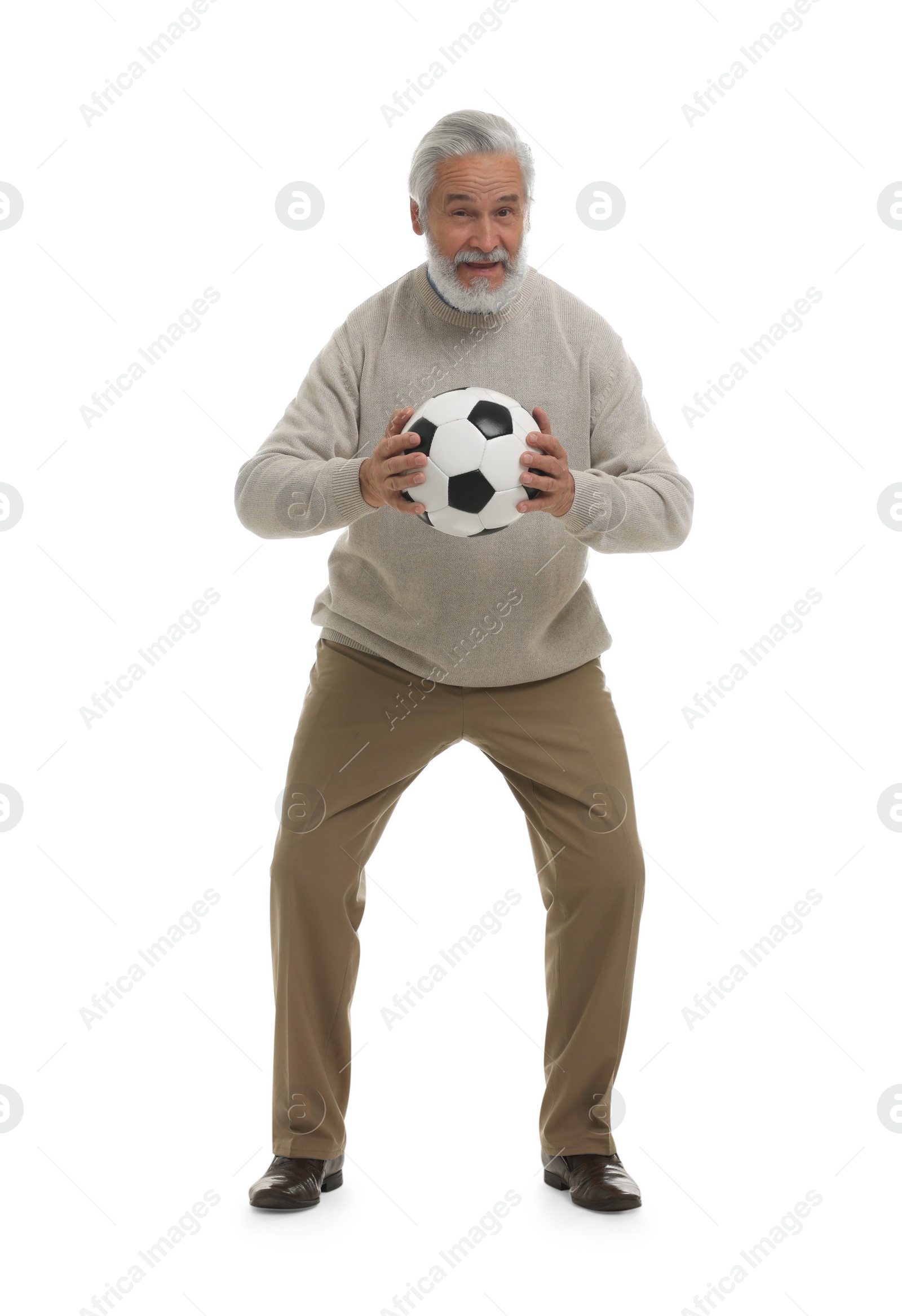 Photo of Senior sports fan with soccer ball isolated on white