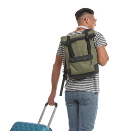 Photo of Man with backpack and suitcase on white background, back view. Summer travel