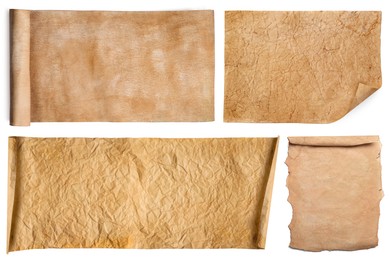 Image of Set with parchments isolated on white. Aged sheets of paper