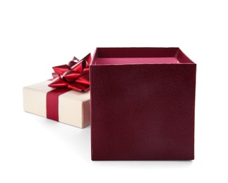 Photo of Beautiful gift box with bow on white background