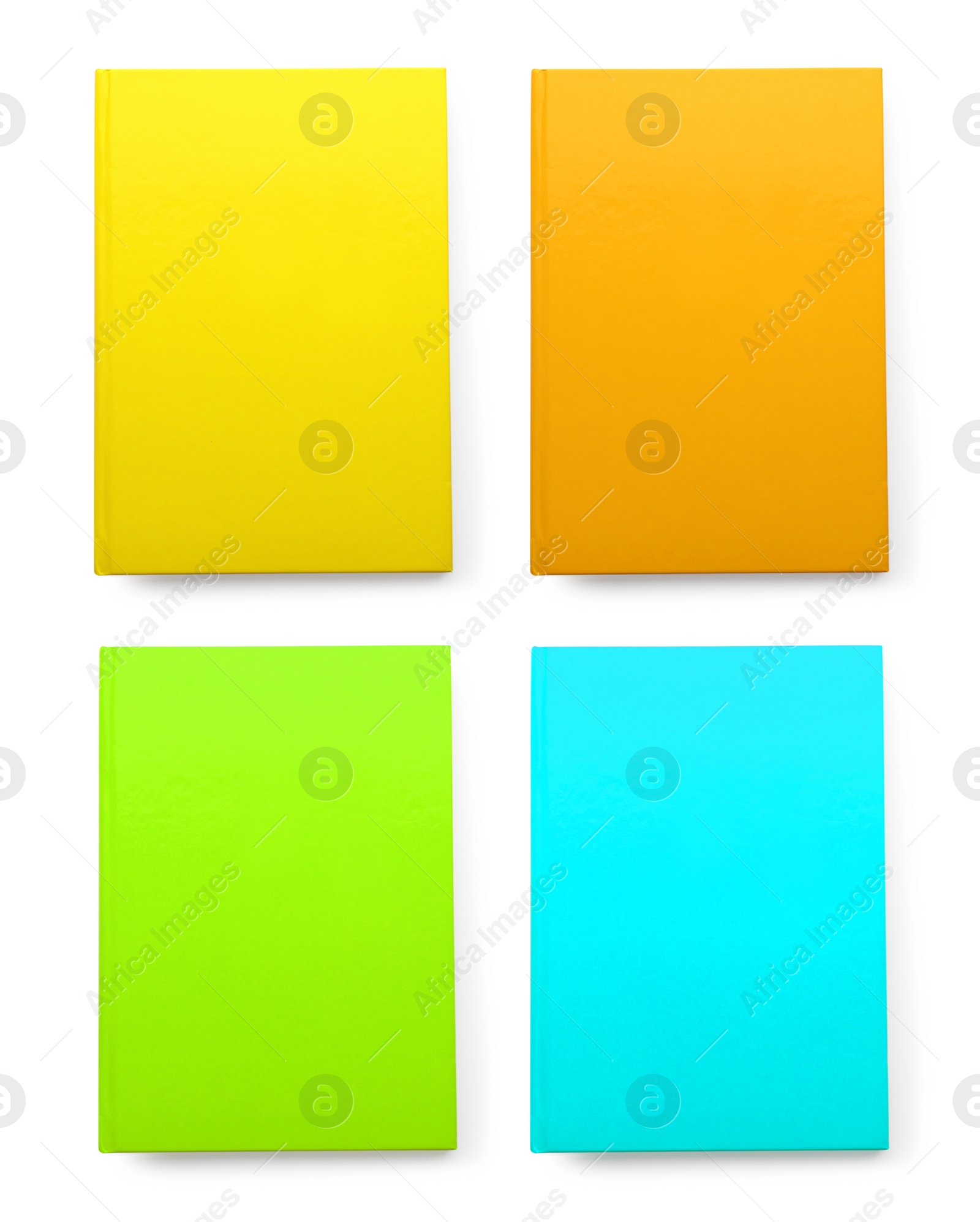 Image of Set with different multicolored planners on white background, top view