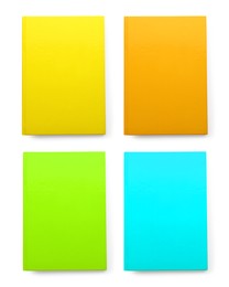 Image of Set with different multicolored planners on white background, top view