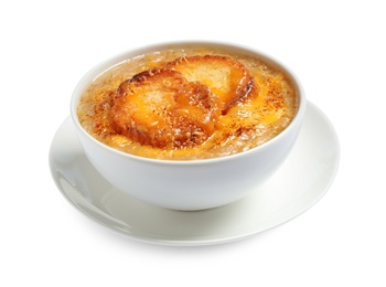 Photo of Tasty homemade french onion soup isolated on white