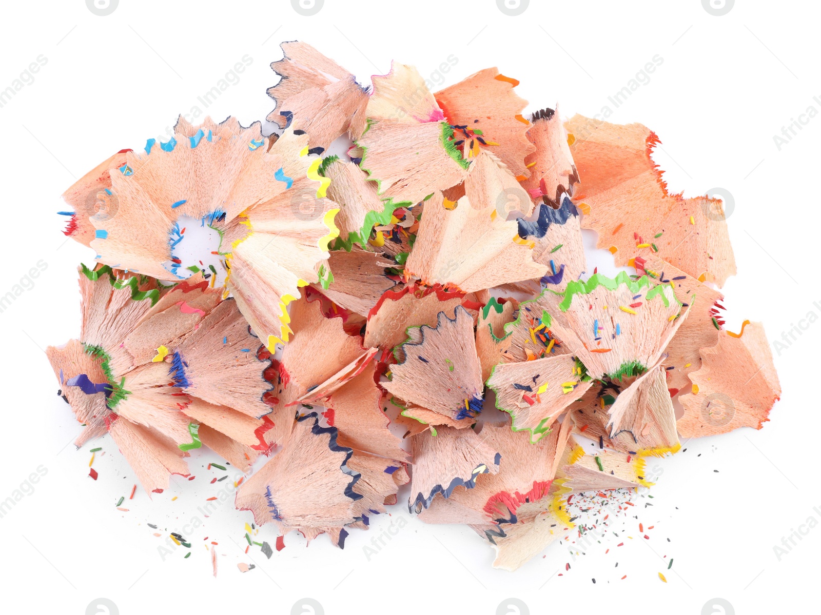 Photo of Pile of colorful pencil shavings on white background, top view