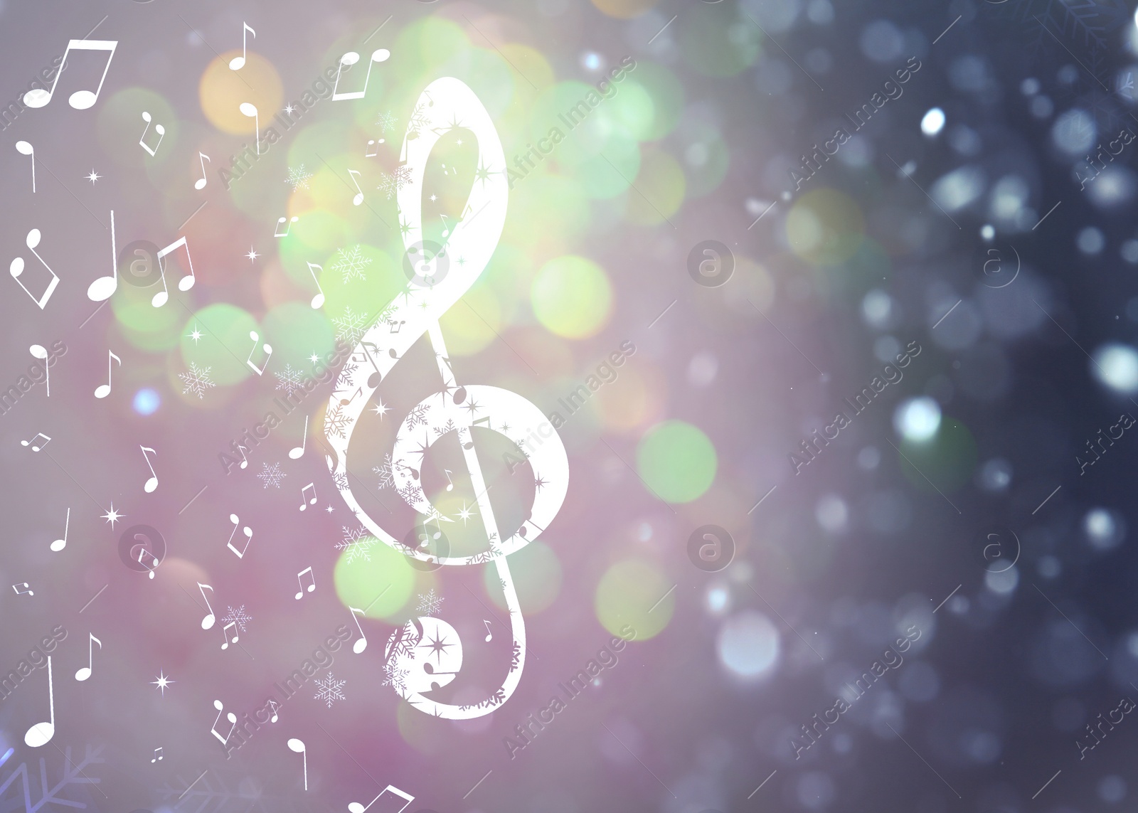 Image of Treble clef, music notes and snowflakes against blurred background, space for text. Bokeh effect