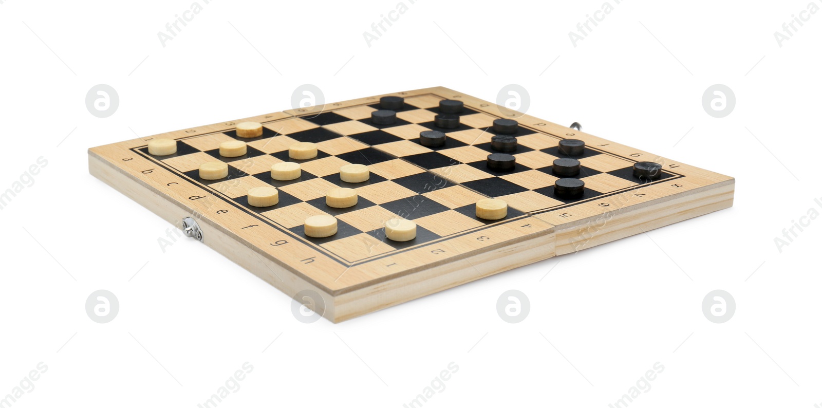 Photo of Wooden checkerboard with game pieces isolated on white