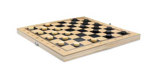 Photo of Wooden checkerboard with game pieces isolated on white