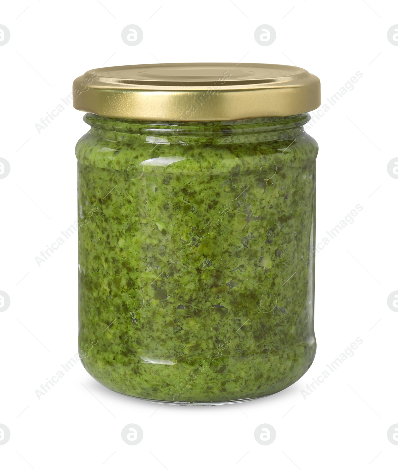 Photo of Delicious pesto sauce in jar isolated on white