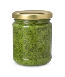 Photo of Delicious pesto sauce in jar isolated on white