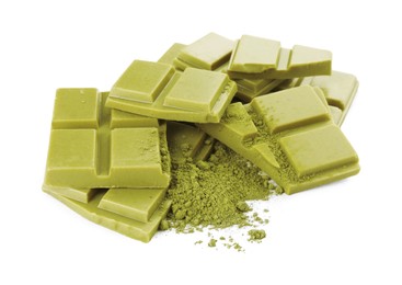 Photo of Pieces of tasty matcha chocolate bar and powder isolated on white