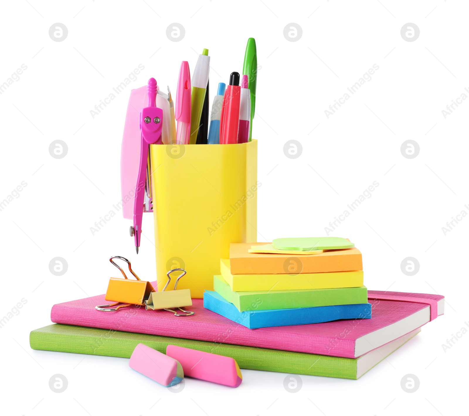 Photo of Set of colorful school stationery on white background